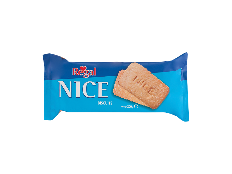 Packet of biscuits with the text 'NICE BISCUITS' and two visible biscuits.