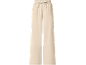 Women's beige wide-leg trousers with an elasticated waist and drawstring.