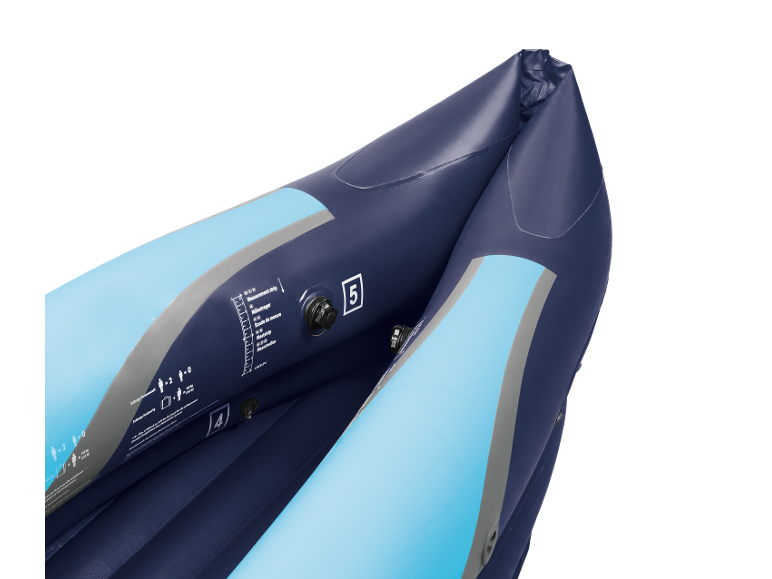Inflatable kayak with measurement strip and inflation valves, showing capacity for 2 people.