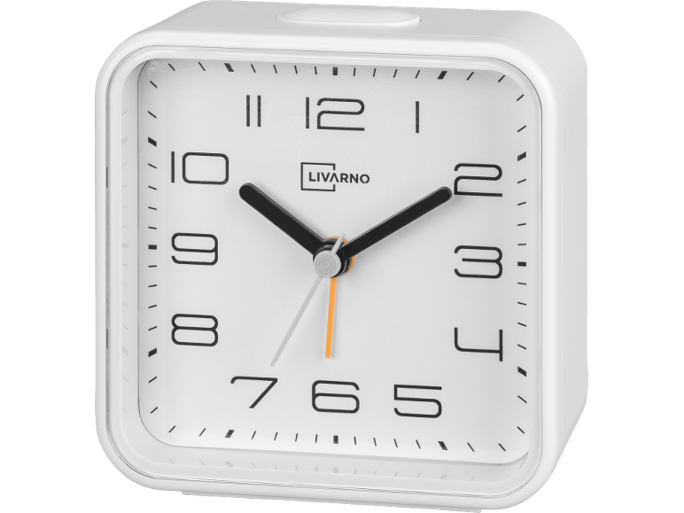 White square alarm clock with an analog time display and black numerals.