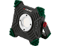 Compact, robust LED work light with green details and adjustable handles.