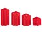 Four red candles with gold star glitter, in varying sizes.