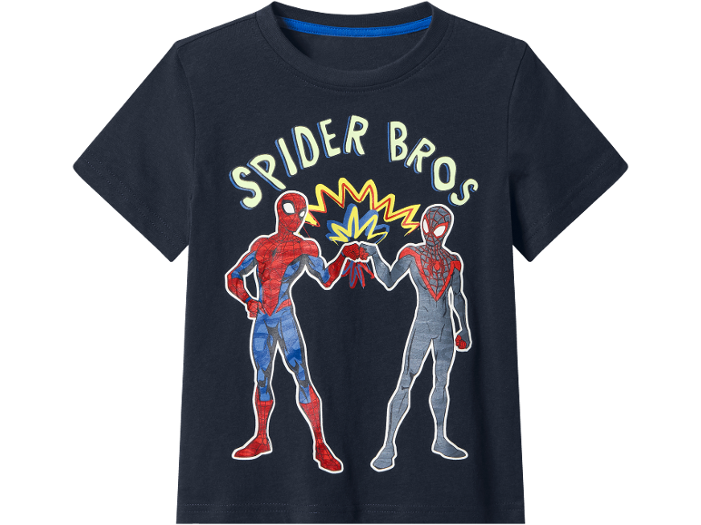 Navy blue t-shirt with a spider superhero print and the text 'SPIDER BROS'.