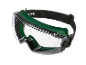 Safety goggles with a green frame and a black elastic strap.