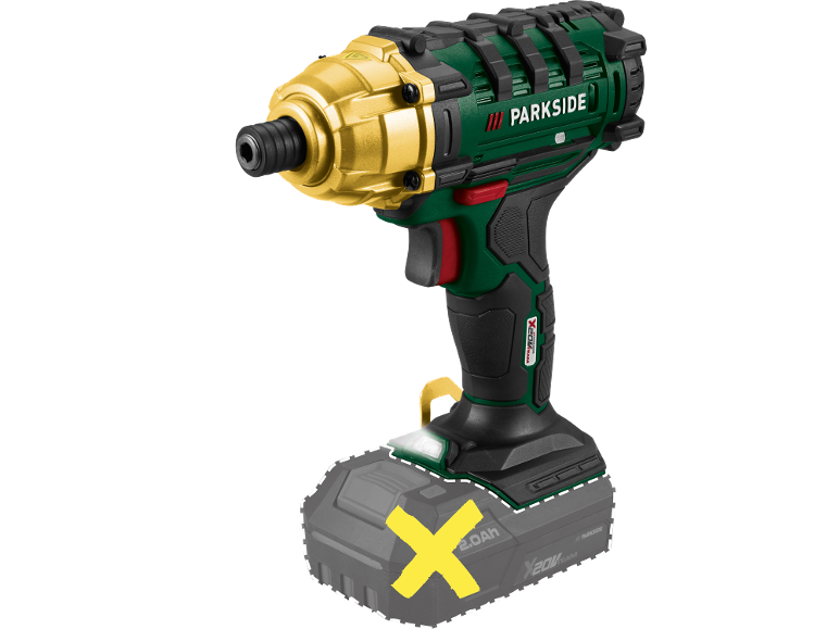 Green and gold impact driver with a black handle and a yellow X on the battery.