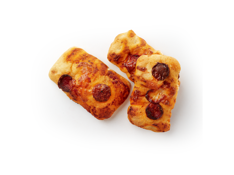 Mini pepperoni pizzas with cheese, on a white background.