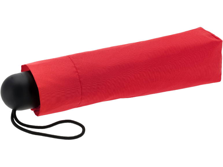 Red foldable umbrella with a black handle and a cord.