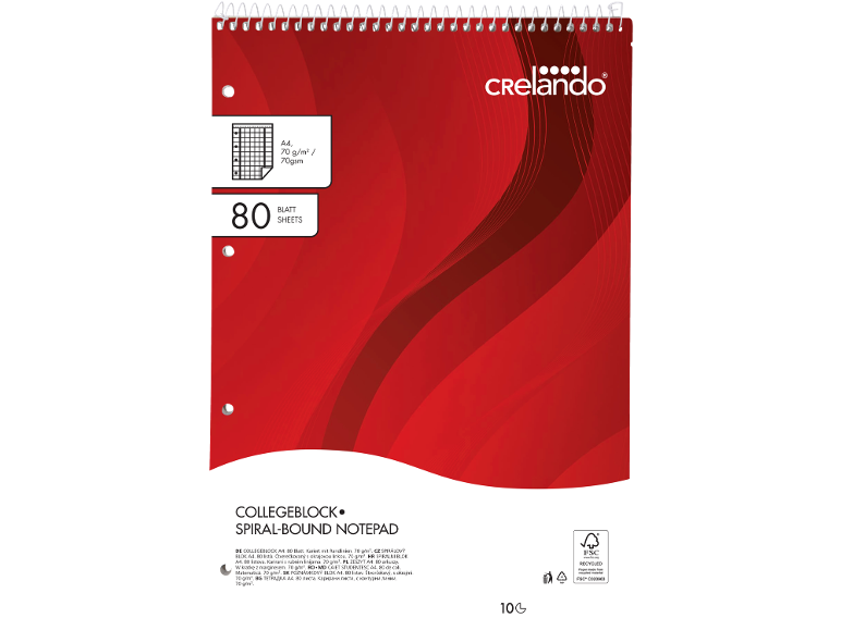 Red A4 spiral-bound notepad with 80 ruled sheets, 70 gsm.