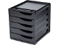Black plastic document organizer with five pull-out drawers and a top tray.