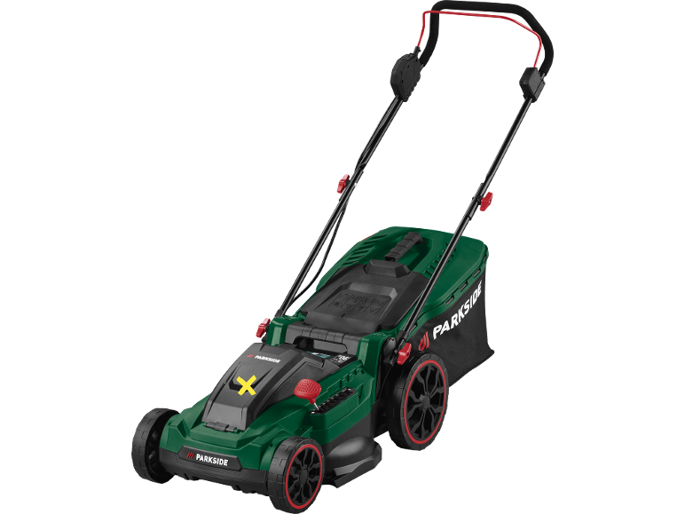 Cordless lawnmower with a grass collection bag and an adjustable handle.