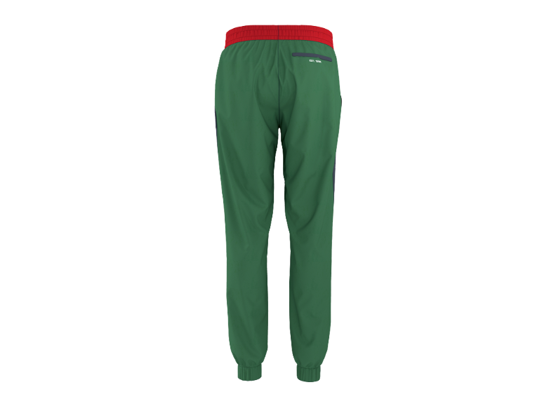 Green track pants with a red waistband and a small pocket with 'EST. 1996'