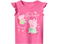 Pink short-sleeved T-shirt with ruffles and piglet print with text 'sweet Dreams', 'Baby sister'.
