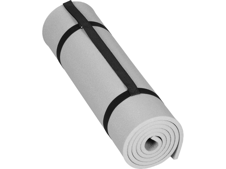 Grey camping mat rolled up with black straps.