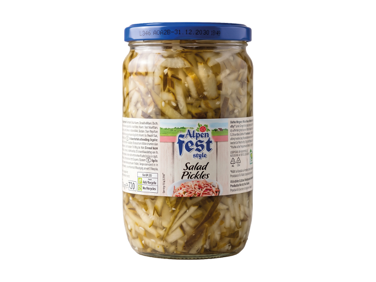 Alpenfeststyle Salad Pickles in a glass jar with best before date 31.12.2030.