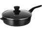 Black saucepan with a glass lid and a long handle, isolated on a black background.