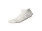 A white ankle sock, with reinforced heel and toe, on a white background.