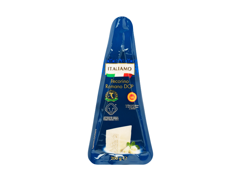 Vacuum-packed Pecorino Romano DOP cheese, with a portion of cheese and herbs.