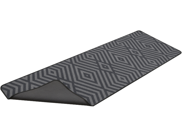 Anthracite-colored rug with a geometric pattern, featuring a raised edge.