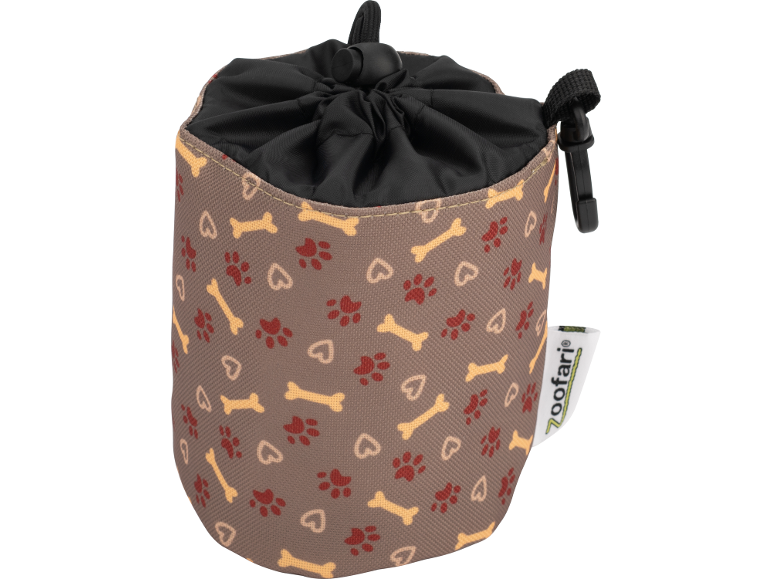 Dog treat pouch with bone, paw print, and heart pattern.
