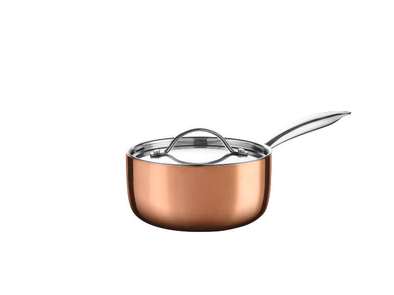 Copper saucepan with a metal lid and a stainless steel handle.