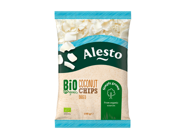 Bag of organic dried coconut chips, 150g, with text 'Simply grown from organic sources'.