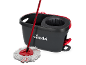 Red floor mop and grey bucket with wringer on a black background.