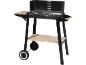 Black charcoal grill with wheels, side shelves, and a light wood bottom shelf.