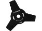 Black three-bladed brush cutter blade with dimensions and rotation instructions.