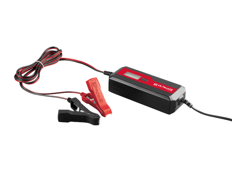 Battery charger with red and black clamps and cables.