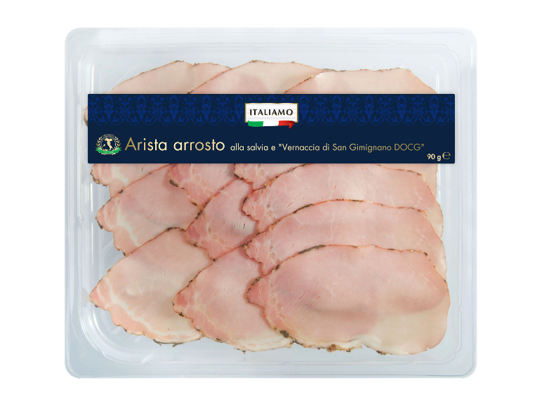 Pack of sliced roasted pork loin with sage and Vernaccia di San Gimignano DOCG, 90g.