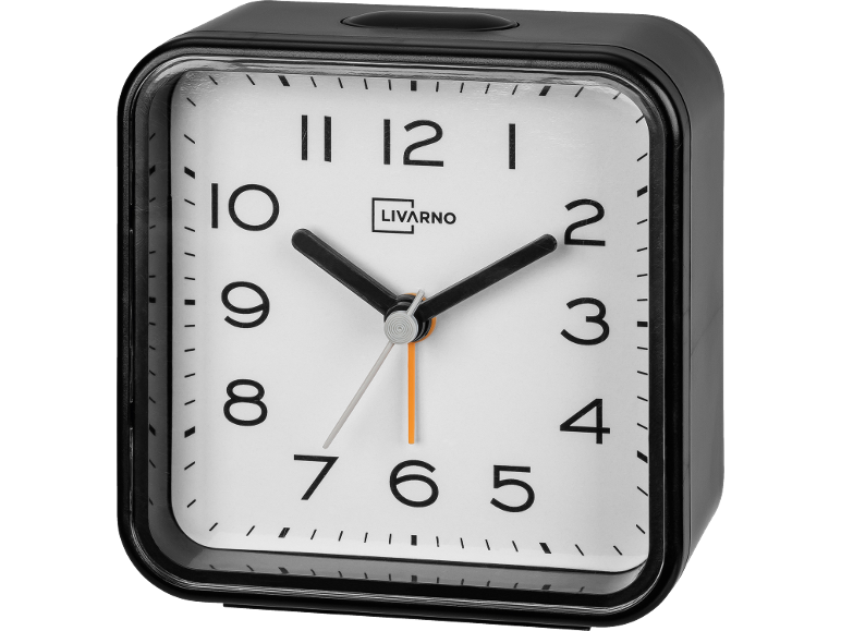 Black square alarm clock with a white face and black numbers.
