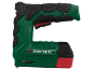 Green and black electric stapler with red accents, USB charging port, and battery indicator.