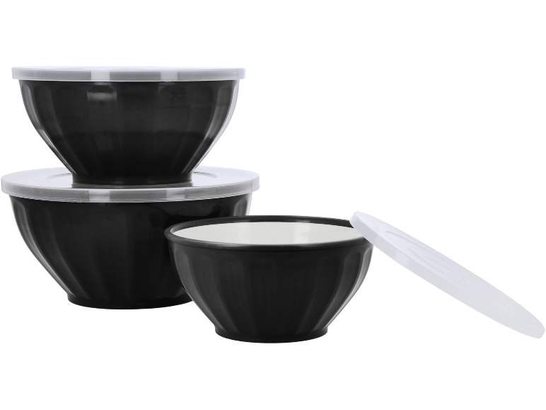 Set of three black storage bowls with clear lids.