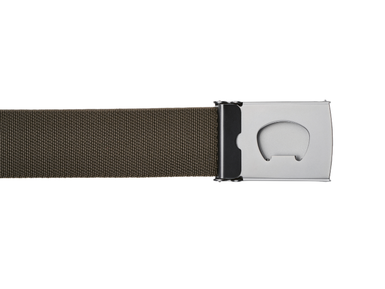 Brown fabric belt with a metal buckle featuring a bottle opener.