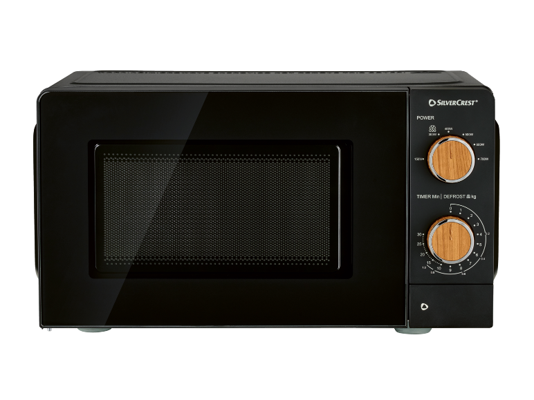 Black microwave oven with wooden power and timer control knobs.