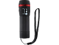 Black flashlight with red ring, zoom function, and lanyard.