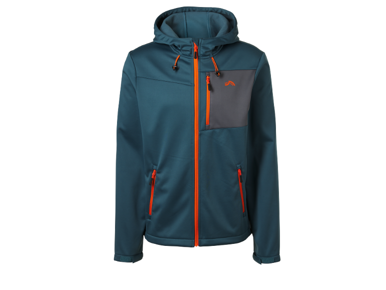 Men's blue-green softshell jacket with orange zippers and details.
