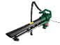 Green electric leaf blower with a black strap and wheels.