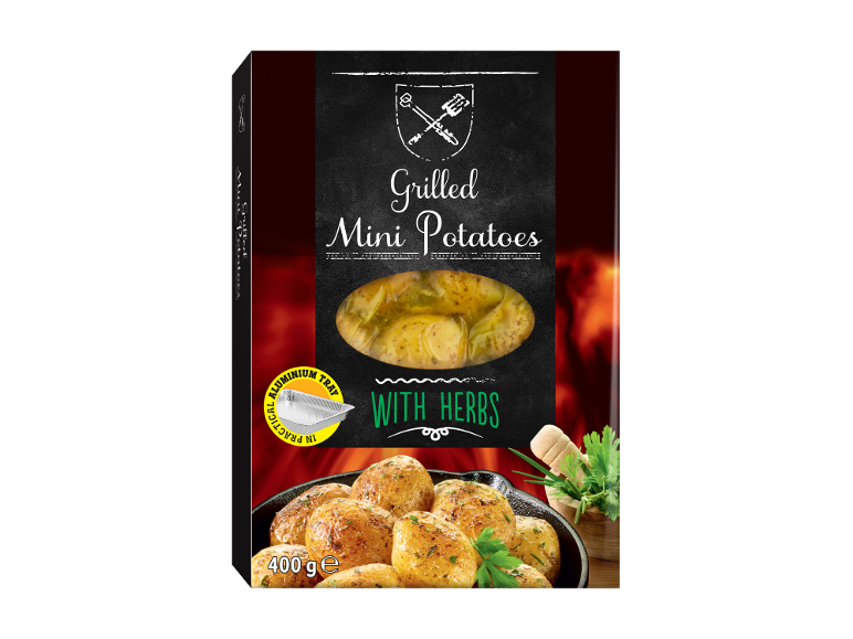 Packaging of grilled mini potatoes with herbs, 400g, in an aluminum tray.
