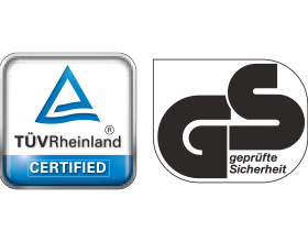 Certification seals: CERTIFIED and GS geprüfte Sicherheit.