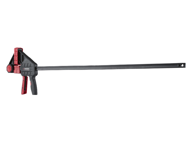 Black and red quick-release clamp with a long bar.