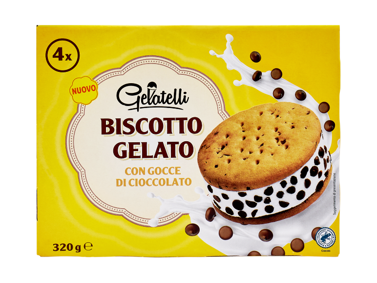 Yellow box of 4 biscuit ice cream sandwiches with chocolate chips, 320g.