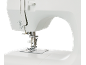 White sewing machine with metal needle and presser foot, on a black background.