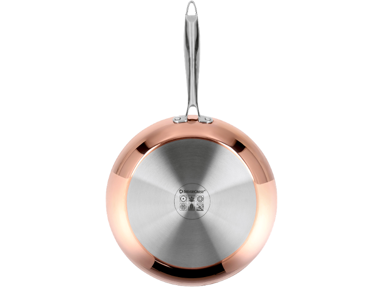 Copper frying pan with a stainless steel base and metal handle, viewed from underneath.