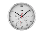 Round wall clock with thermometer and hygrometer, white face, black numbers and hands