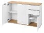 White sideboard with a wooden top, open doors, and pull-out drawers.