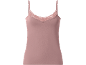 Pink women's camisole with V-neckline and lace trim.