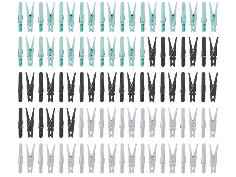 Rows of light blue, dark grey, and white clothes pegs on a black background.