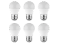 Six white LED light bulbs with screw bases on a black background.