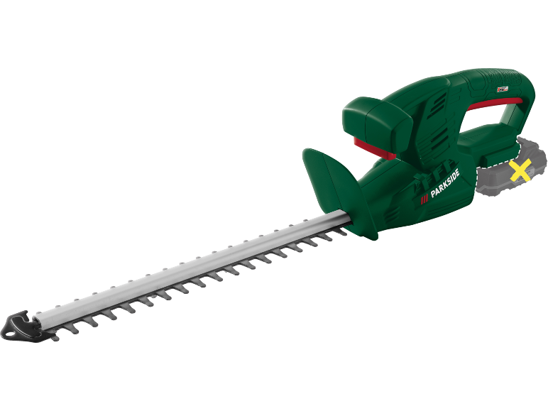 Cordless hedge trimmer with a battery pack shown in outline.